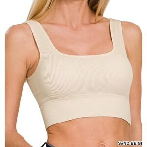 Zenana Sand Beige S/M Ribbed Square Neck Bralette w/ pads Brami Crop Top 6134